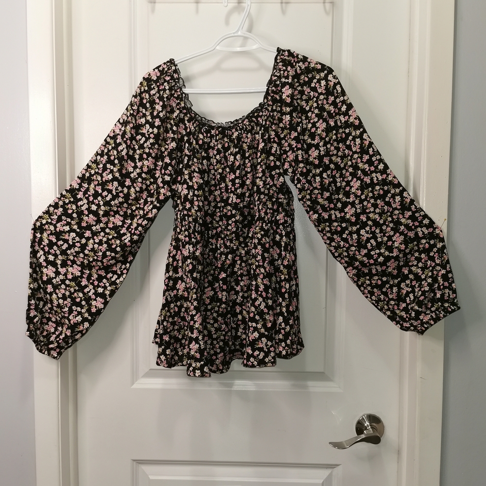 torrid Black Floral Square-Neck Blouse with Pink Flowers
